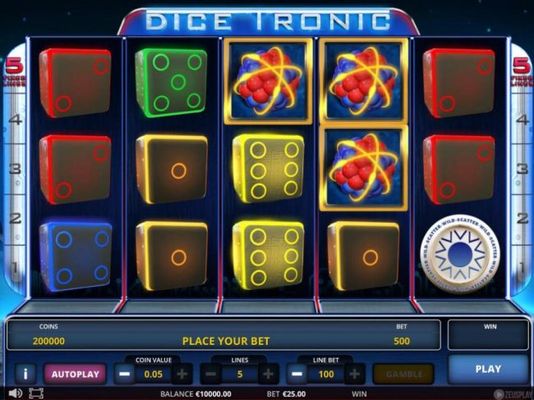 Main game board featuring five reels and 5 paylines with a $125,000 max payout.