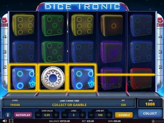 A scatter - wild symbol triggers a winning three of a kind leading to a 1000 credit payout.