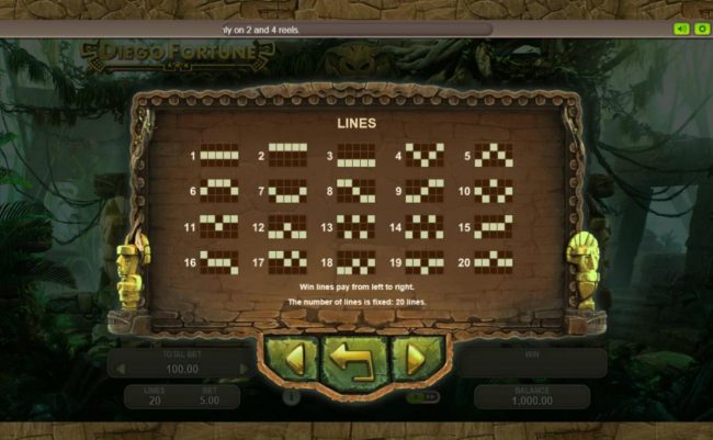 Payline Diagrams 1-20. Win lines pay from left to right. The number of lines is fixed at 20 lines.