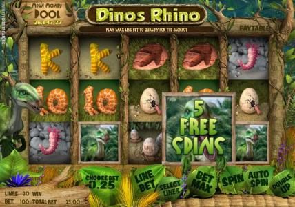 FREE SPINS BONUS triggered by three Free Spins symbols. 5 free spins awarded.