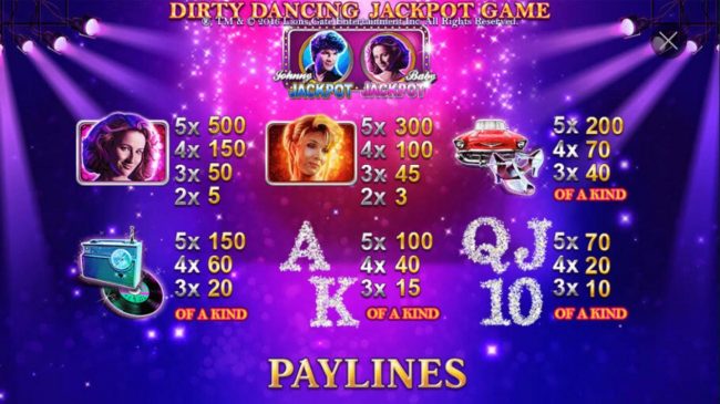 High value slot game symbols paytable featuring American musical romance film insprired icons.