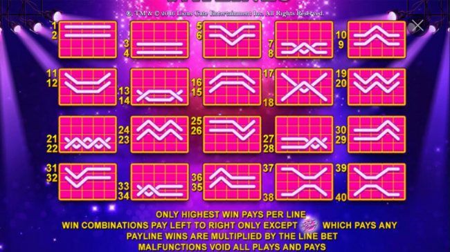 Payline Diagrams 1-40. Only highest win paid per line. Win combinations pay left to right only except scatter which pays any.