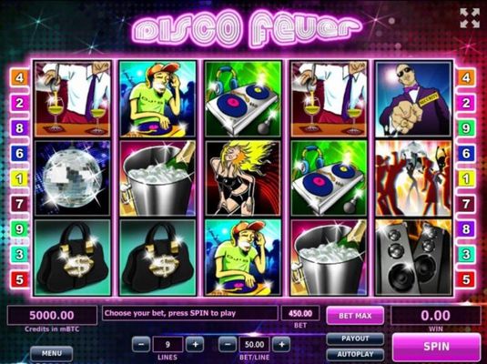 A Disco Dance inspired main game board featuring five reels and 9 paylines with a $500,000 max payout