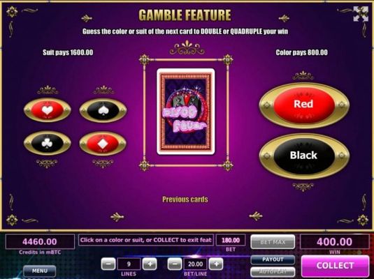 Gamble Feature - To gamble any win press Gamble then select Red or Black.