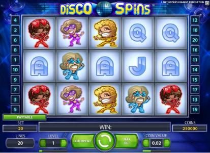 main game board featuring five reels and twenty paylines with a chance to win up to 230000 coins