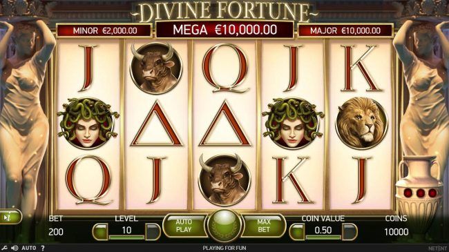 A Greek mythological themed main game board featuring five reels and 20 paylines with a $60,000 max payout