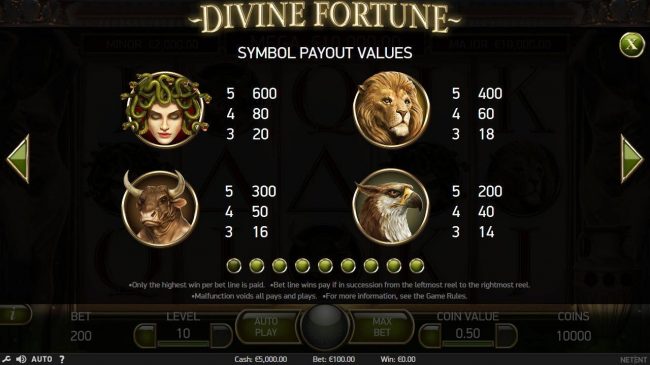 High value slot game symbols paytable featuring beasts from Greek mythology.