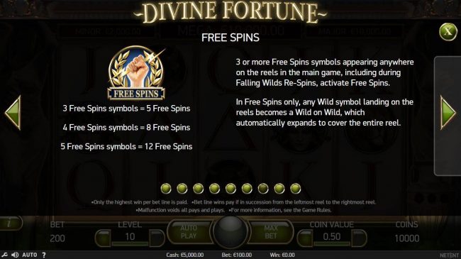 Free Spins - 3 or more Free Spins scatter symbols appearing anywhere on the reels in the main game, including during Falling Wilds Re-Spins, activate Free Spins.