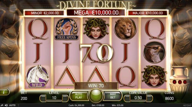 Pegasus Wild on reel one triggers a 70 coin payout and Falling Wilds Reels Re-Spin feature