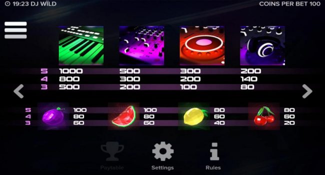 Slot game symbols paytable - high value symbols include keyboard, a sound mixer, a turntable and headset.