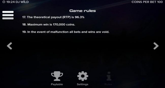 The theoretical return to player is 96.3%. Maximum win is 170,000 coins.