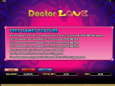 a free game feature is awarded when three or more scattered love meter symbols appear