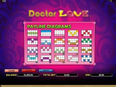 game rules, gamble feature and 50 payline diagrams