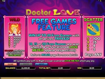 wild, free games feature, scatter rules and paytable