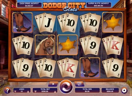 A cowboy western themed main game board featuring five reels and 10 paylines with a progressive jackpot max payout