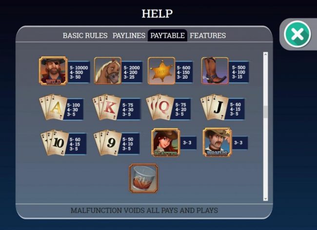 Slot game symbols paytable featuring cowboy western inspired icons.