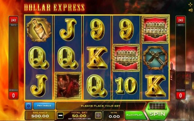 Main game board featuring five reels and 243 winning combinations with a $2,500 max payout