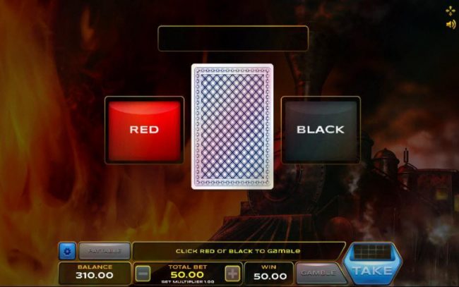 Gamble feature game board is available after every winning spin. For a chance to increase your winnings, select the correct color of the next card or take win.