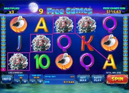 free games feature game board - multiple winning paylines triggers a $120 jackpot