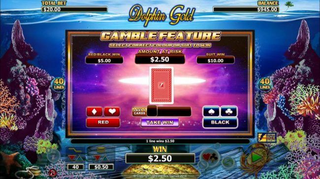 Gamble feature is available after each winning spin. Select color or suit to play.