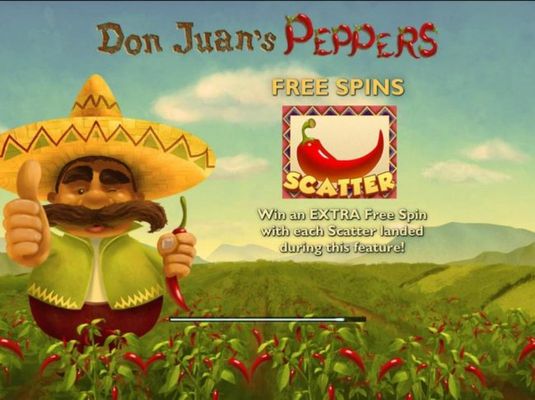 Game features include: Free Spins! Red chili pepper scatter, Win an extra Free Spin with each Scatter landed during this feature!