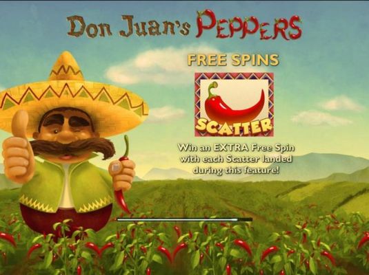 Game features include: Free Spins! Red chili pepper scatter, Win an extra Free Spin with each Scatter landed during this feature!
