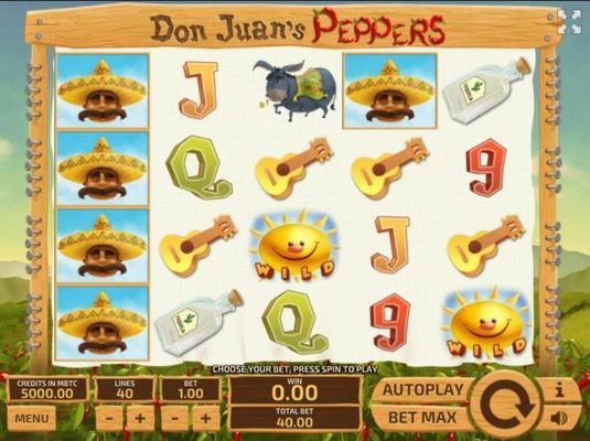 A Mexican Pepper Farmer themed main game board featuring five reels and 40 paylines with a $300 max payout