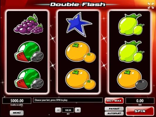 A fruit themed main game panel featuring three reels and 27 paylines with a $460,000 max payout