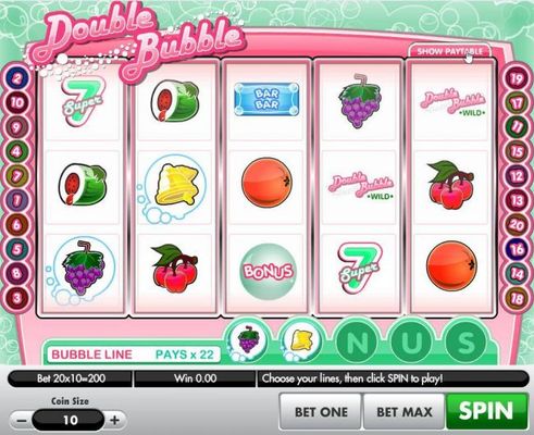 Main game board featuring five reels and 20 paylines with a $2,000,000 max payout