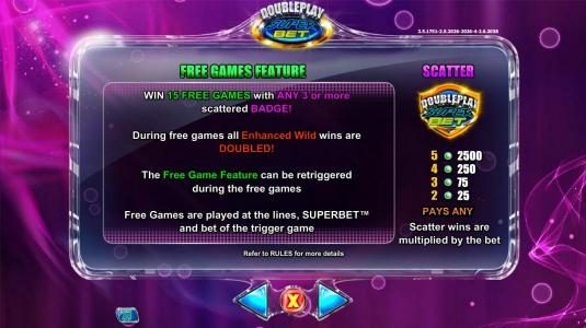 Scatter symbol paytable and Free Games Feature Rules.