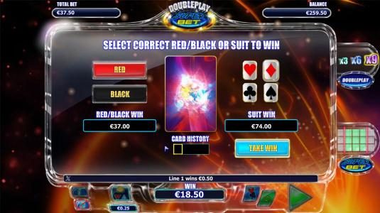 Gamble feature is available after each winning spin. Select color or suit to play.