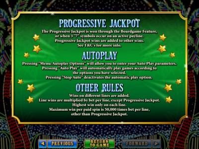 Progressive Jackopts, Auto Play and Other Rules.