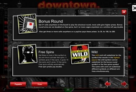 Bonus Round, Free Spins and Wild Symbol game rules.
