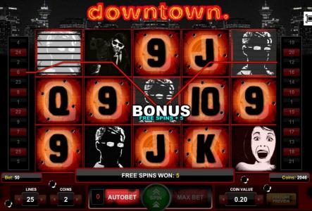 Free Spins Feature triggered, five free spins awarded