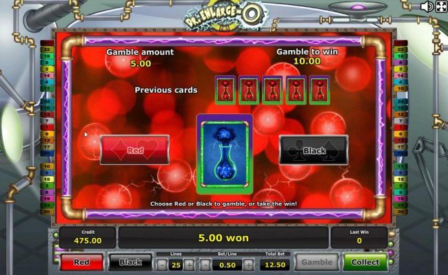 Gamble feature game board available after every winning spin. Select the correct color of the next car drawn for a chance to increase your winnings.