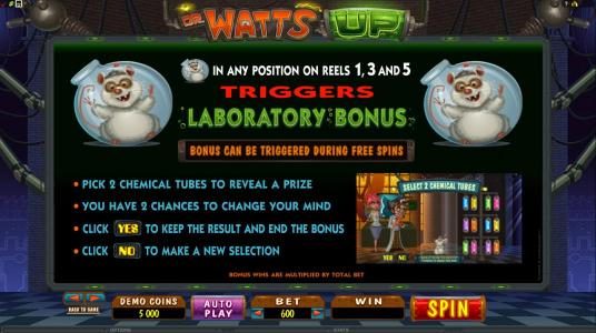 The amusing lab rat symbol also brings rewards - when it appears on reels 1, 3 and 5 be prepared to enter the second screen Lab Bonus, in which the player chooses two chemical tubes from the 12 available, and the resulting chemical mix can deliver an expl