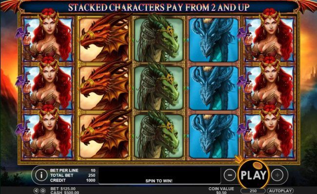 A dragon themed main game board featuring five reels and 25 paylines with a $50,000 max payout