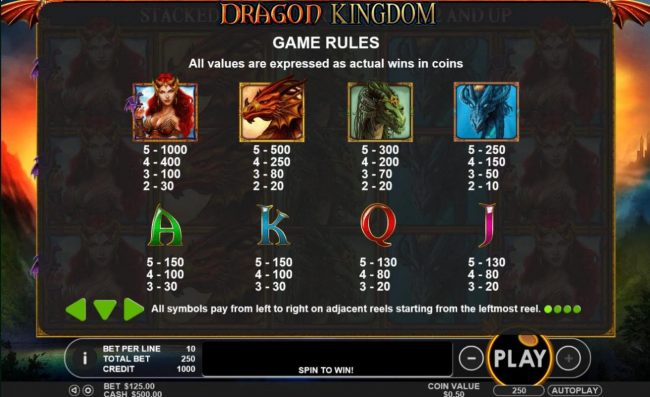 Slot game symbols paytable featuring dragon inspired icons.