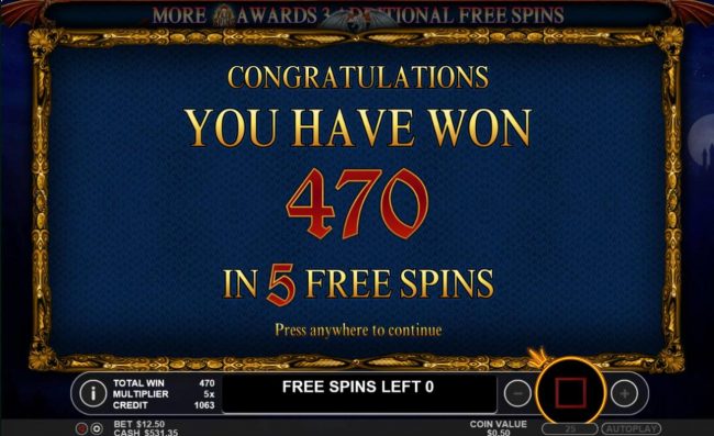 Free Spins game play awards a 470 coin jackpot.