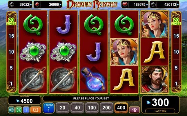 Main game board featuring five reels and 20 paylines with a progressive jackpot max payout.