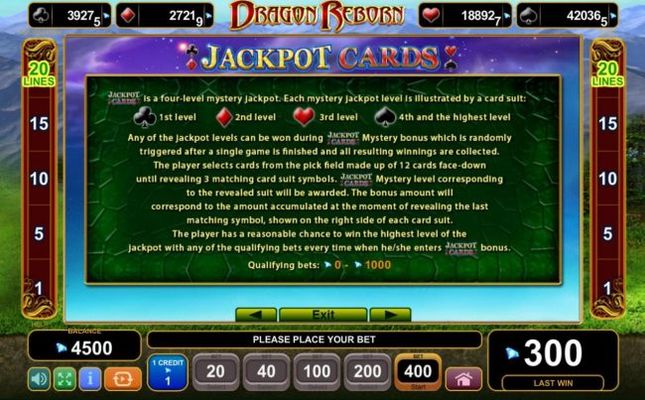 Jackpot Cards Mystery Bonus - Any of the jackpot levels can be won during the bonus feature which is randomly triggered.