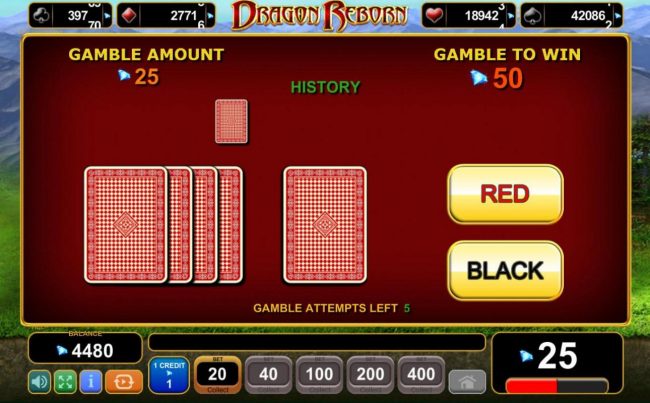 Gamble Feature - To gamble any win press Gamble then select Red or Black.