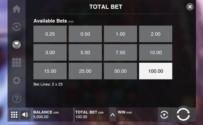 Available Bets - from 0.25 to 100.00