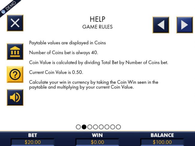 Paytable values are displayed in coins. Number of coins bet is 40.