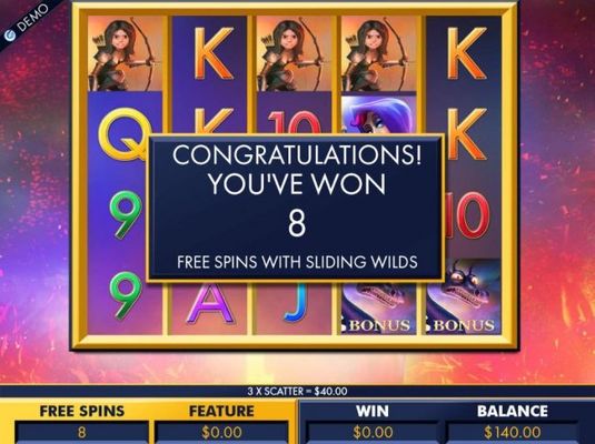 8 free spins with sliding wilds awarded to player.