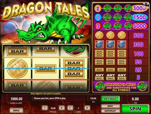 A dragon inspired main game board featuring three reels and 3 paylines with a $600,000 max payout
