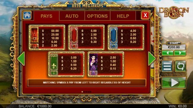 High value slot game symbols paytable. Matching symbols pay from left to right regardless of height.