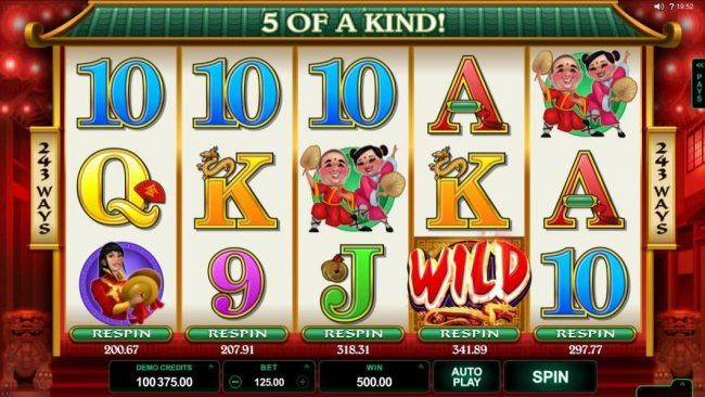 A wild symbol completes a five of a kind winning combination leading to a 500.00 jackpot.