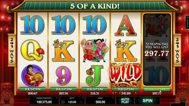 To play the respin feature simply click on the respin button below the reel that you want to repsin. The respin cost for each reel is listed below as well.