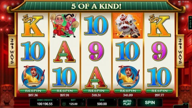 A five of kind triggers a 500.00 line win.